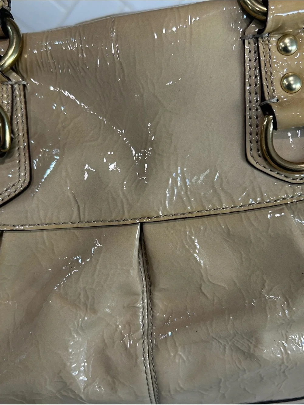 Coach Patent Leather Satchel in Beige-Tan with Gold Hardware